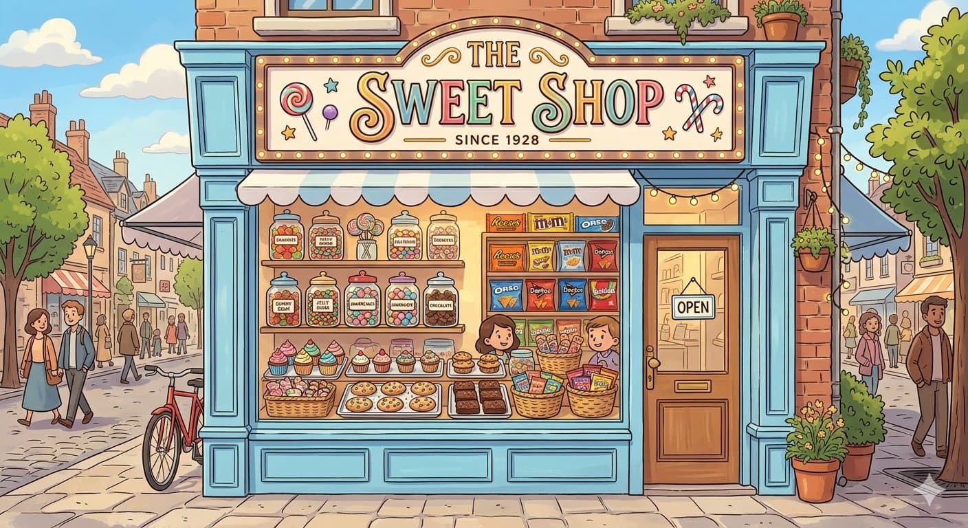 Illustration of The Sweet Shop storefront, since 1928